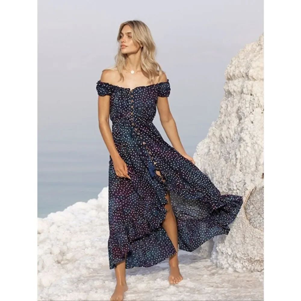 NWT Tiare Hawaii Blue Ruffle Hem Maxi Dress Size S M L XL
